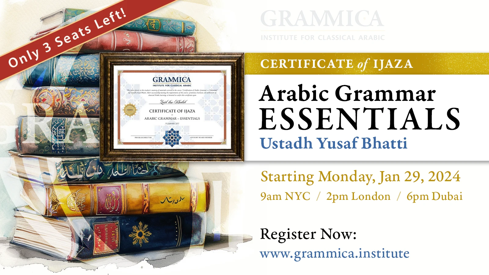 3 Seats: Online Arabic Grammar Course: Live (Essentials)